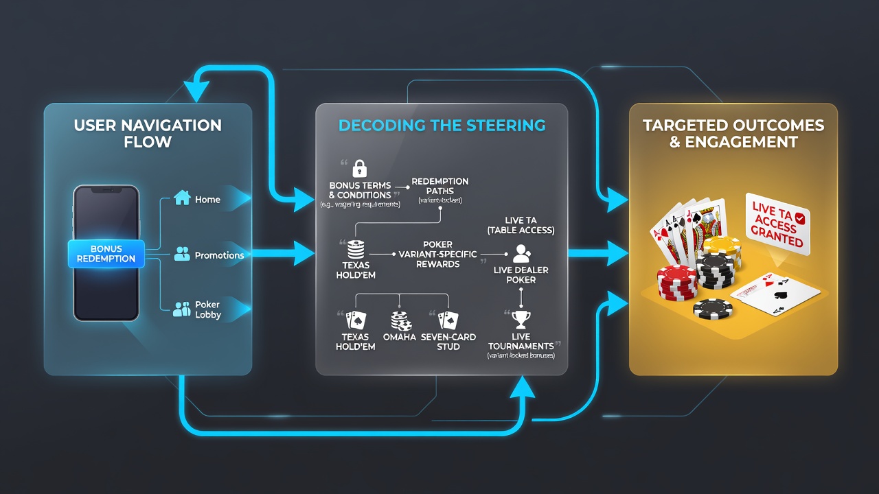 Close-up view of a handheld device screen illustrating how bonus redemption buttons link to curated poker variants and live table queues