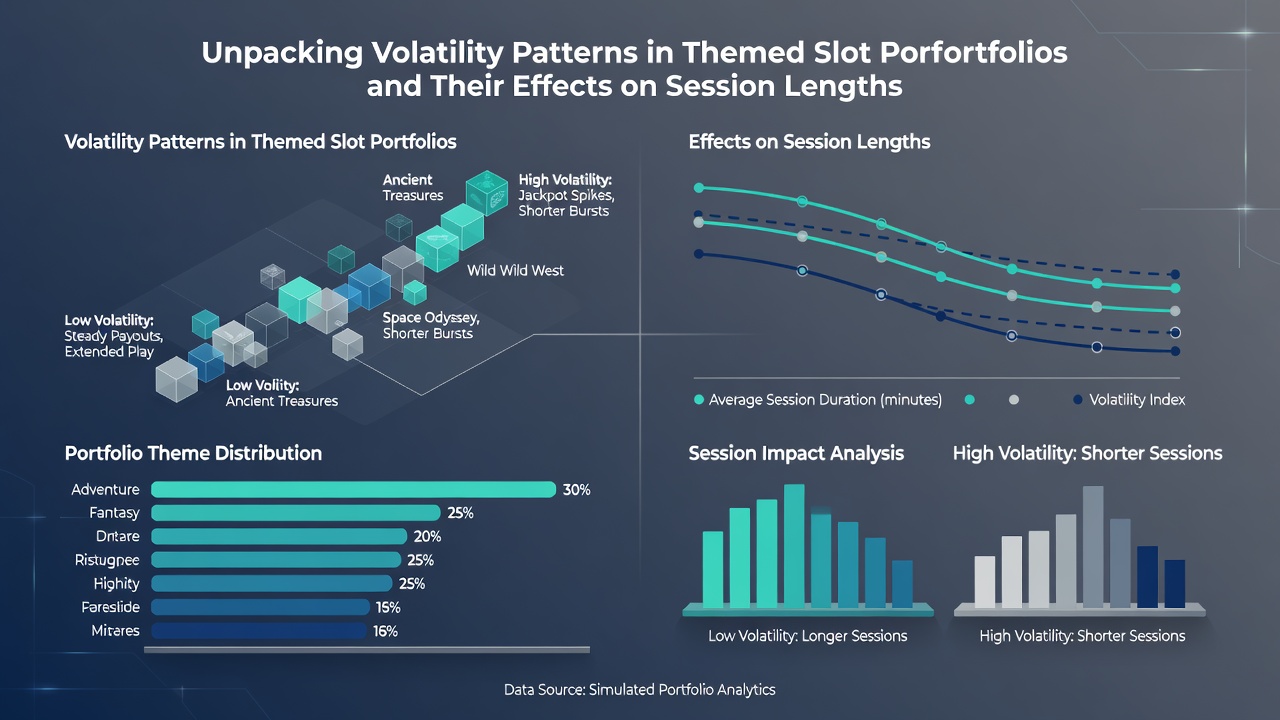 Detailed graph overlay on a casino analytics dashboard showing volatility curves and session duration trends for themed slot groups